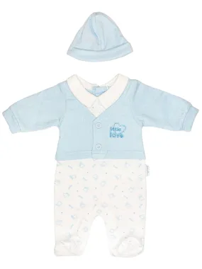 'Little Love' Blue Polkadot Cardigan Sleepsuit & Hat