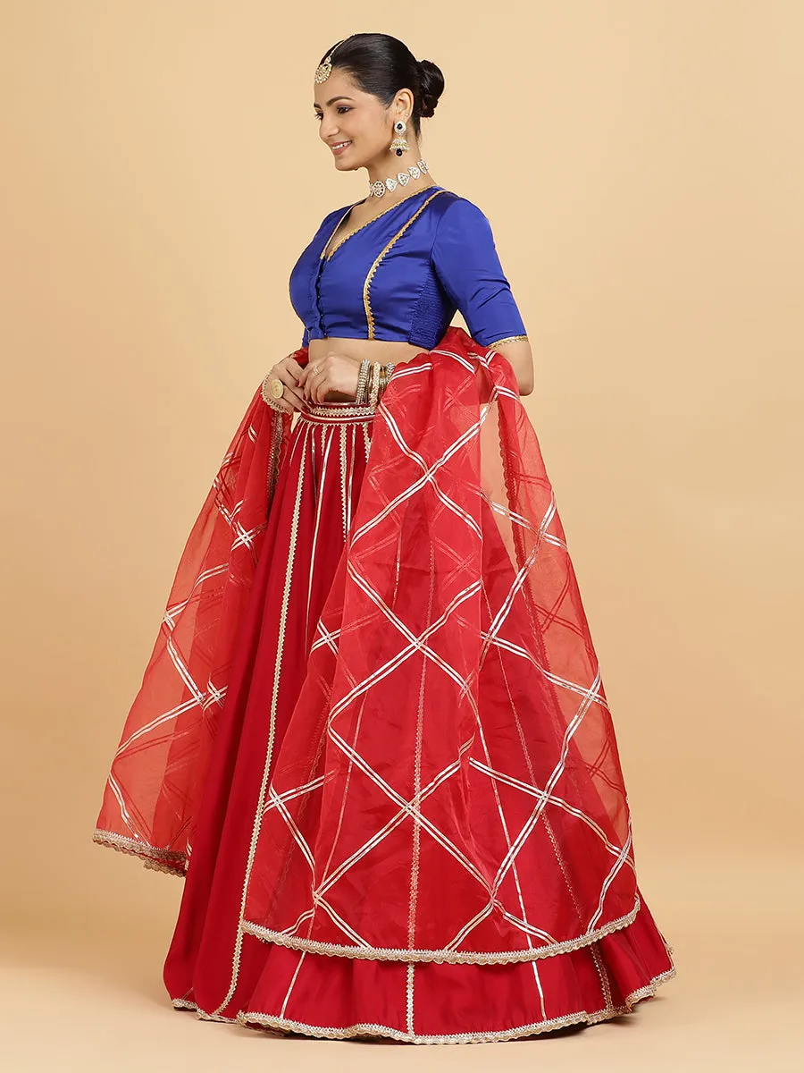 Madhuri Begum 3-Piece Lehenga Set | Red Lehenga, Cobalt Blue Blouse | With Leela Red Dupatta