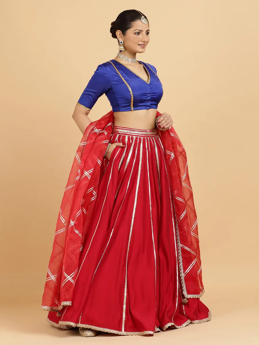 Madhuri Begum 3-Piece Lehenga Set | Red Lehenga, Cobalt Blue Blouse | With Leela Red Dupatta