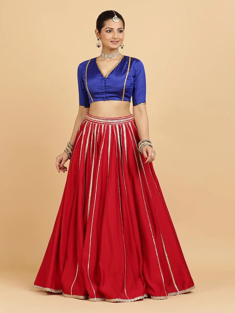 Madhuri Begum 3-Piece Lehenga Set | Red Lehenga, Cobalt Blue Blouse | With Leela Red Dupatta