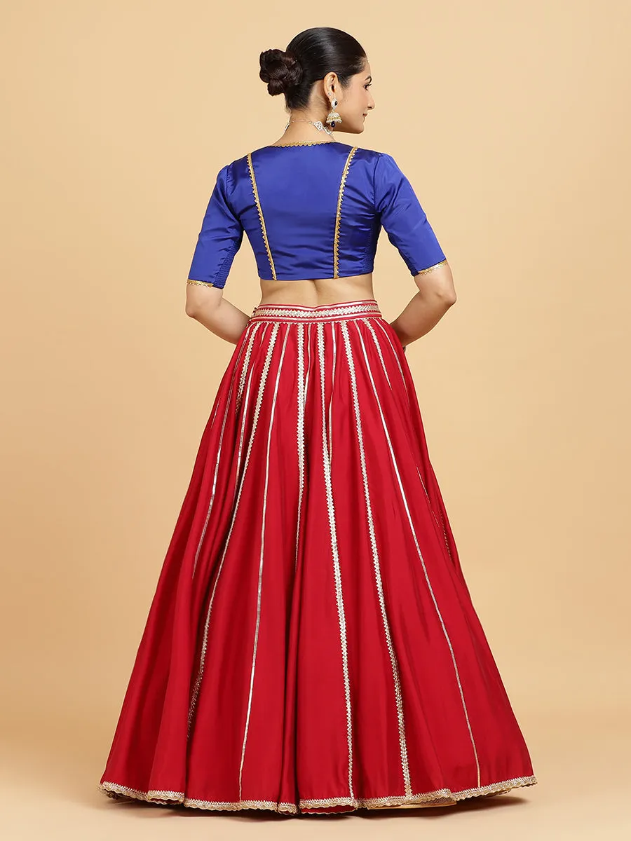 Madhuri Begum 3-Piece Lehenga Set | Red Lehenga, Cobalt Blue Blouse | With Leela Red Dupatta