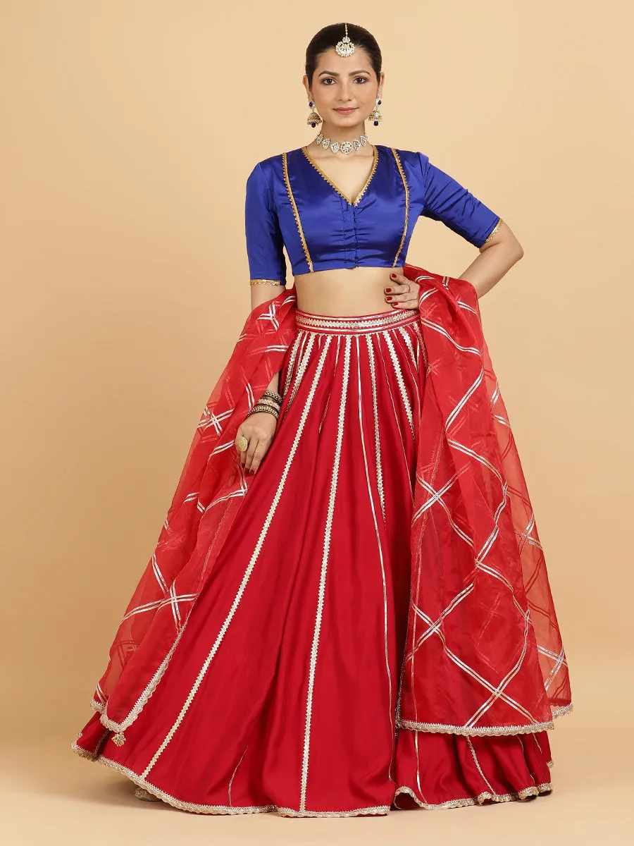 Madhuri Begum 3-Piece Lehenga Set | Red Lehenga, Cobalt Blue Blouse | With Leela Red Dupatta