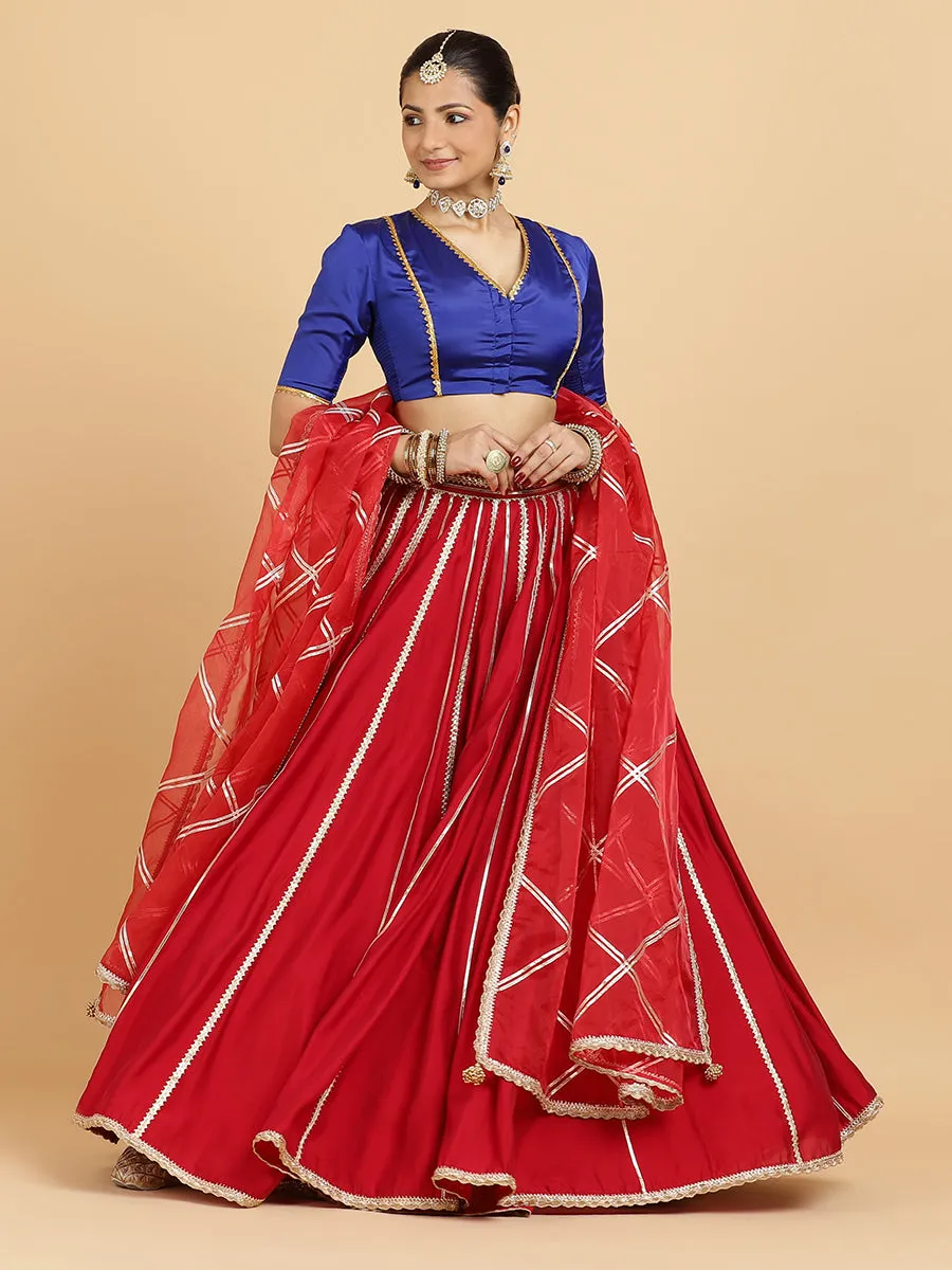 Madhuri Begum 3-Piece Lehenga Set | Red Lehenga, Cobalt Blue Blouse | With Leela Red Dupatta