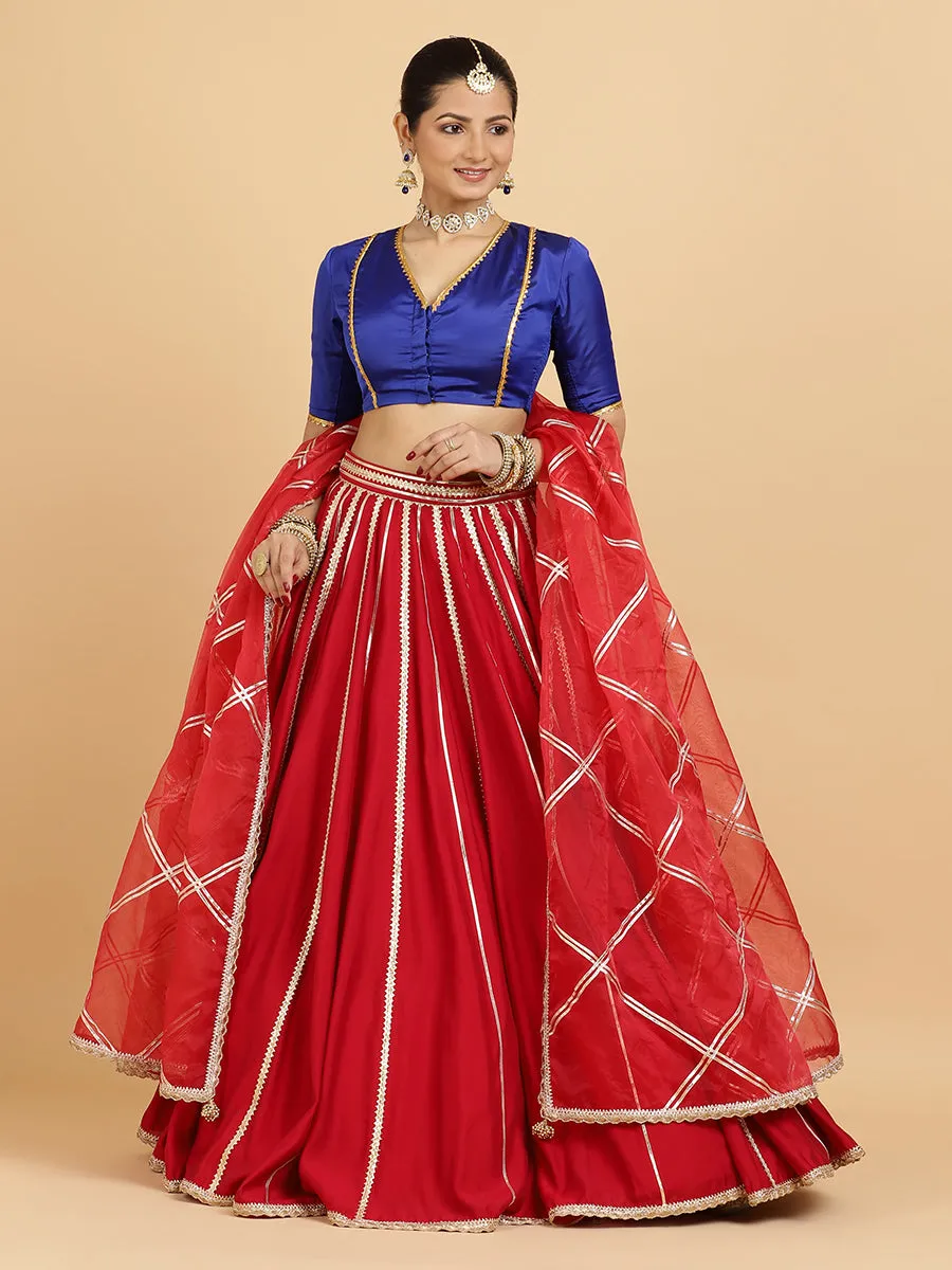 Madhuri Begum 3-Piece Lehenga Set | Red Lehenga, Cobalt Blue Blouse | With Leela Red Dupatta