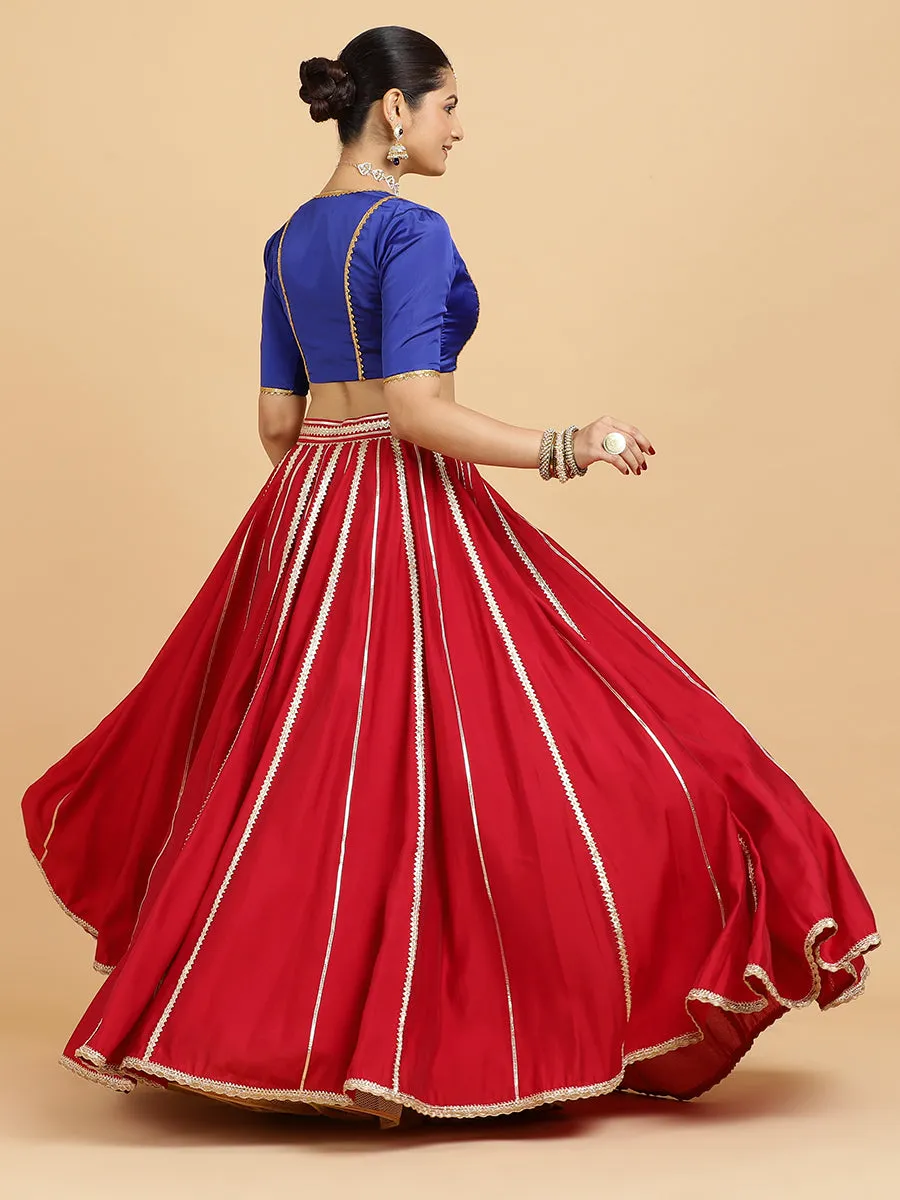 Madhuri Begum 3-Piece Lehenga Set | Red Lehenga, Cobalt Blue Blouse | With Leela Red Dupatta