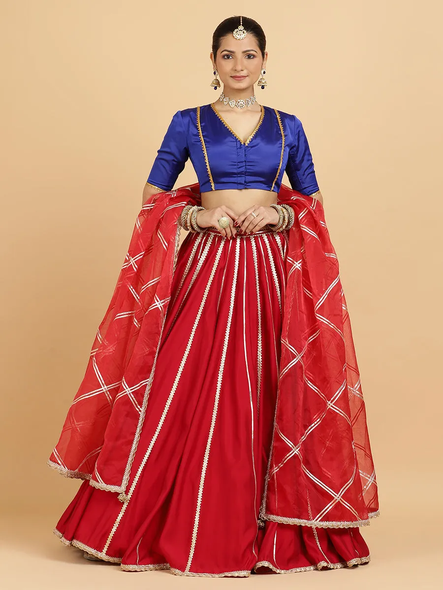 Madhuri Begum 3-Piece Lehenga Set | Red Lehenga, Cobalt Blue Blouse | With Leela Red Dupatta