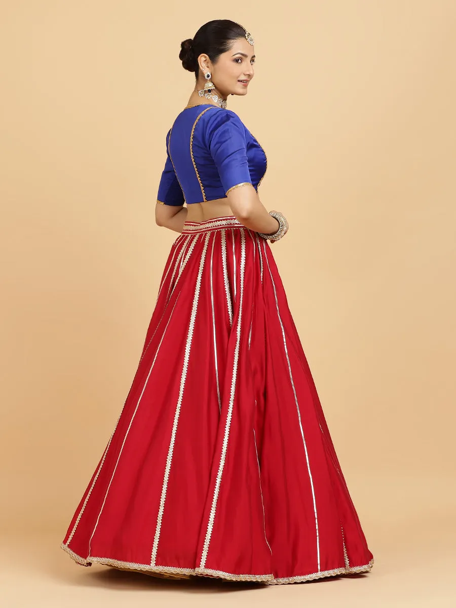 Madhuri Begum 3-Piece Lehenga Set | Red Lehenga, Cobalt Blue Blouse | With Leela Red Dupatta