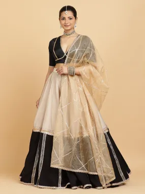 Mastani Zeenat 3-Piece Lehenga Set | Grey Black Colour Blocked Lehenga, Charcoal Black Blouse | With Sunheri Gold Dupatta