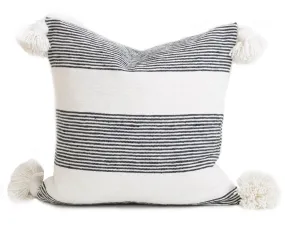 Moroccan Pom Pom Pillow Cover - White with Black Stripes - Layali