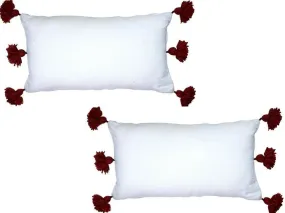 Moroccan PomPom Lumbar Pillow - Set of two Covers - White with Red Pom Poms