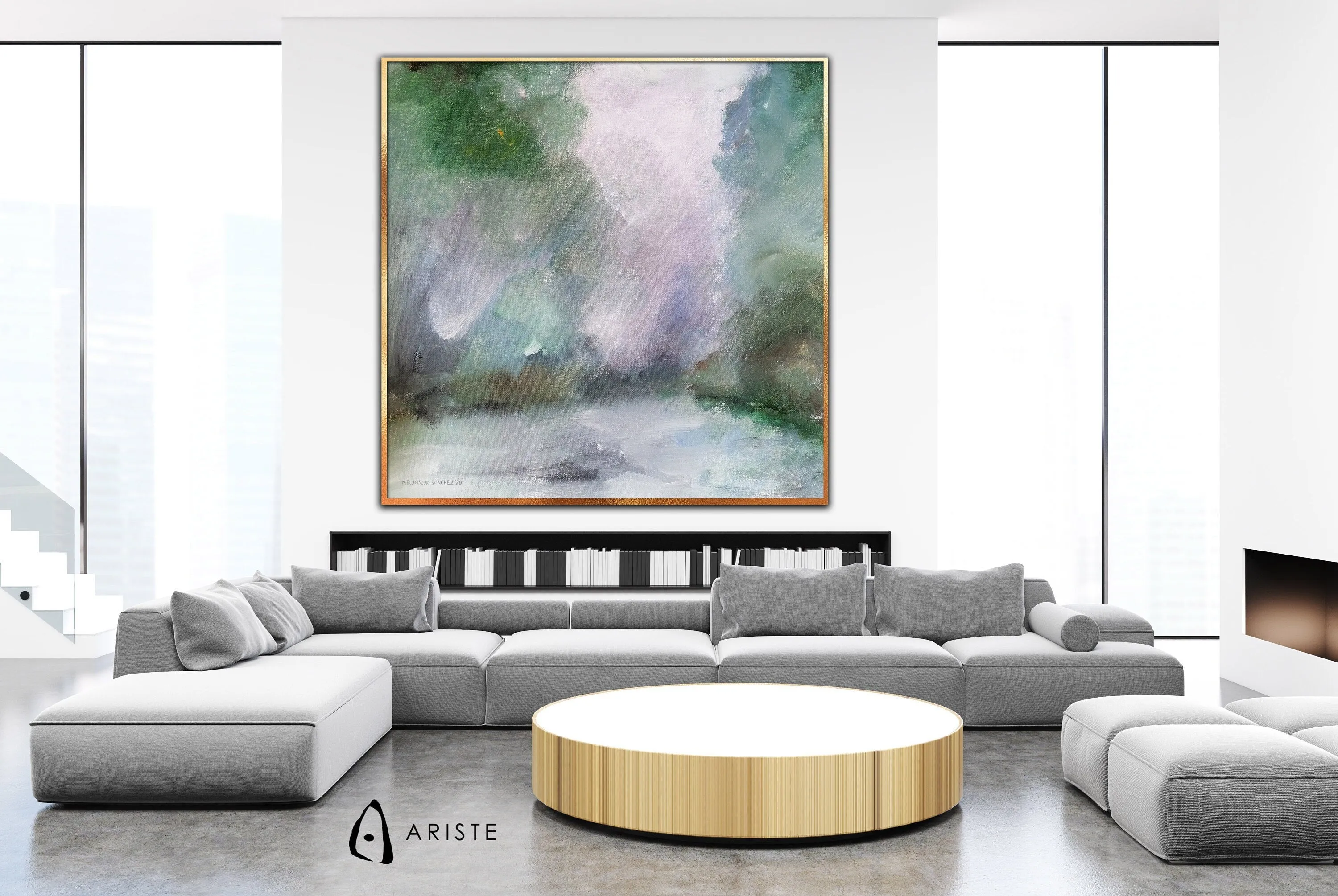 Neutral & green oversized abstract landscape wall art made to order in a custom size