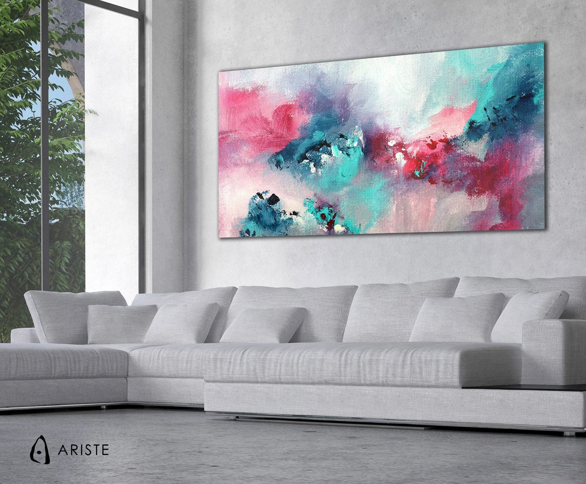 Pink & teal abstract oversized wall art made to order in a custom size