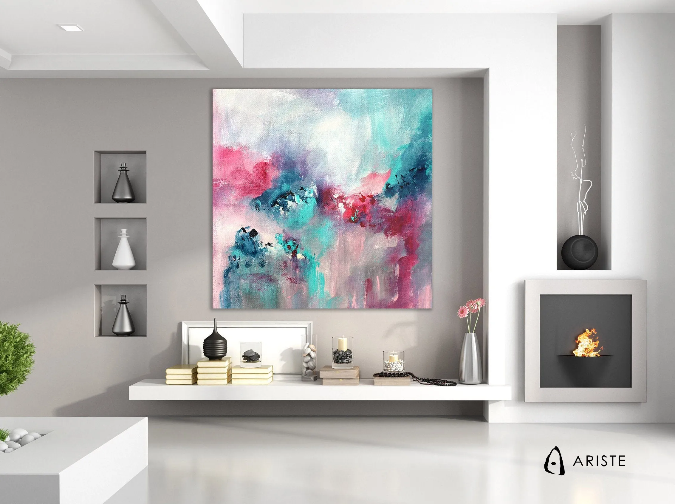 Pink & teal abstract oversized wall art made to order in a custom size