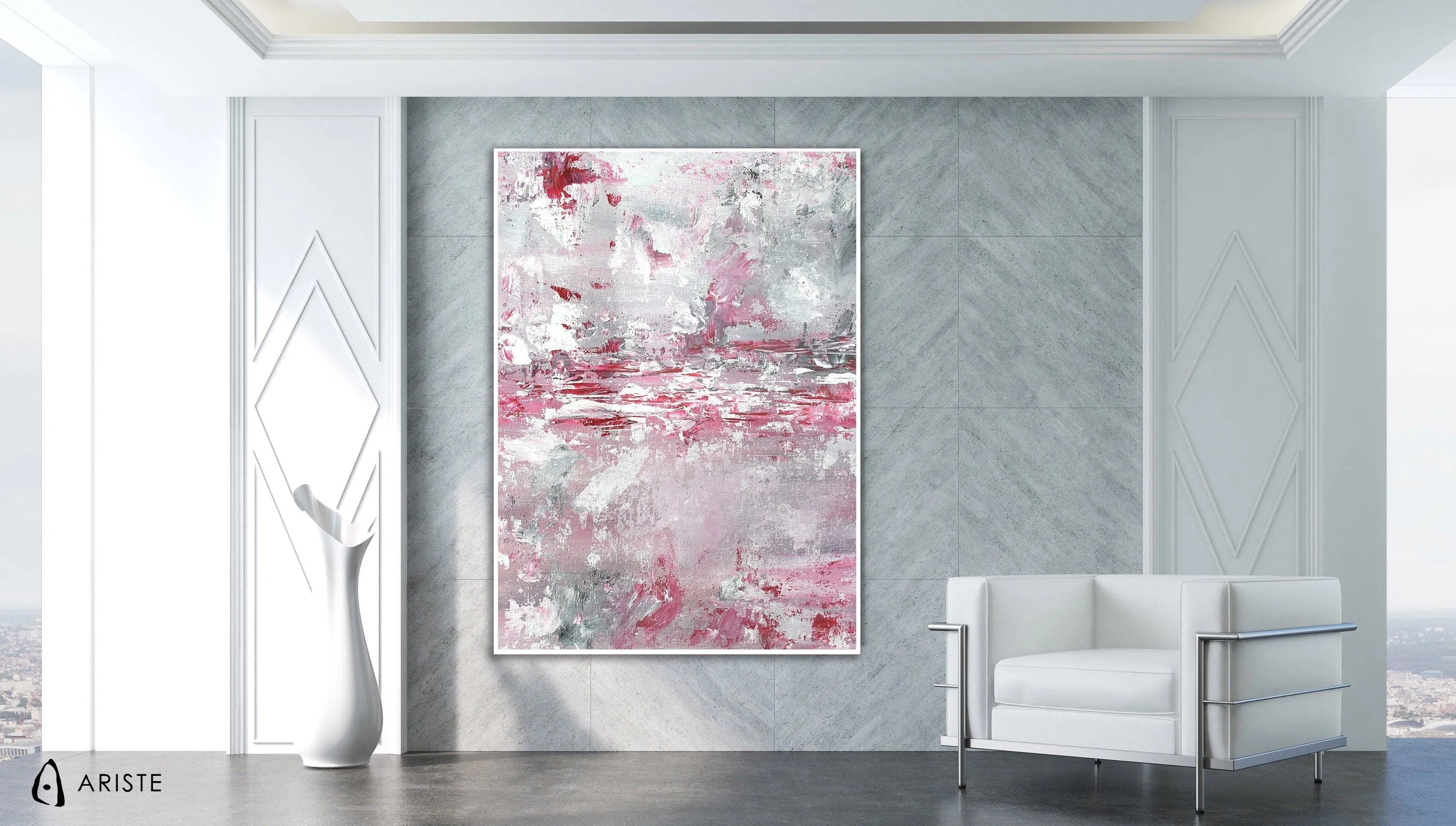 Pink & white large abstract wall art made to order in a custom size