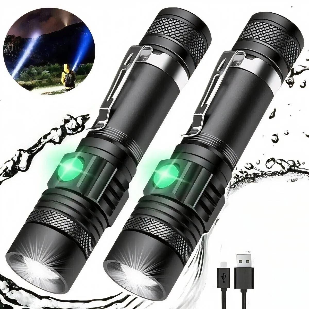 SMAXPro™ 2pk Tactical LED Rechargeable Flashlights: Super Bright, Zoomable, Waterproof