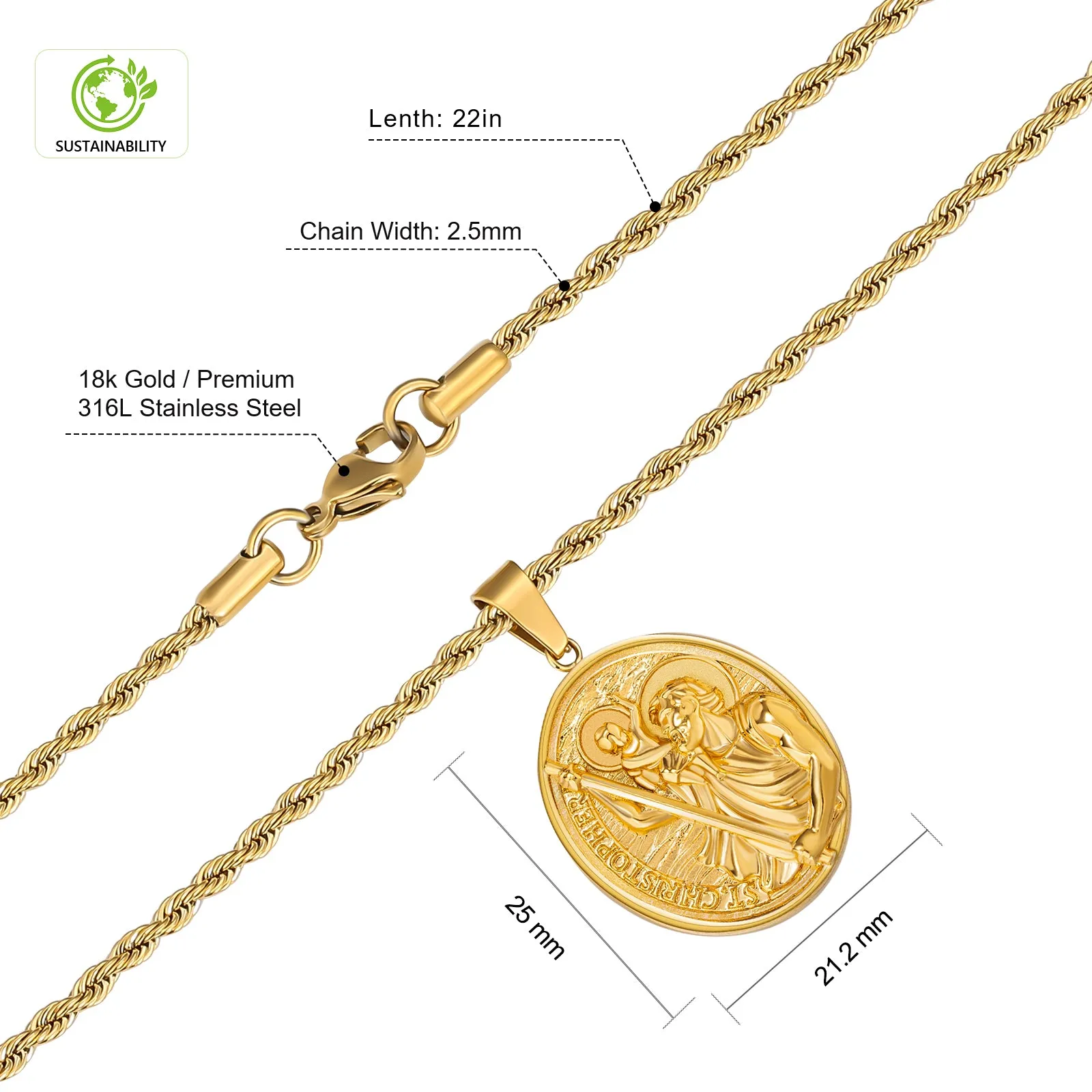 St Christopher Oval Gold Coin Pendant Necklace with Rope Chain for Men