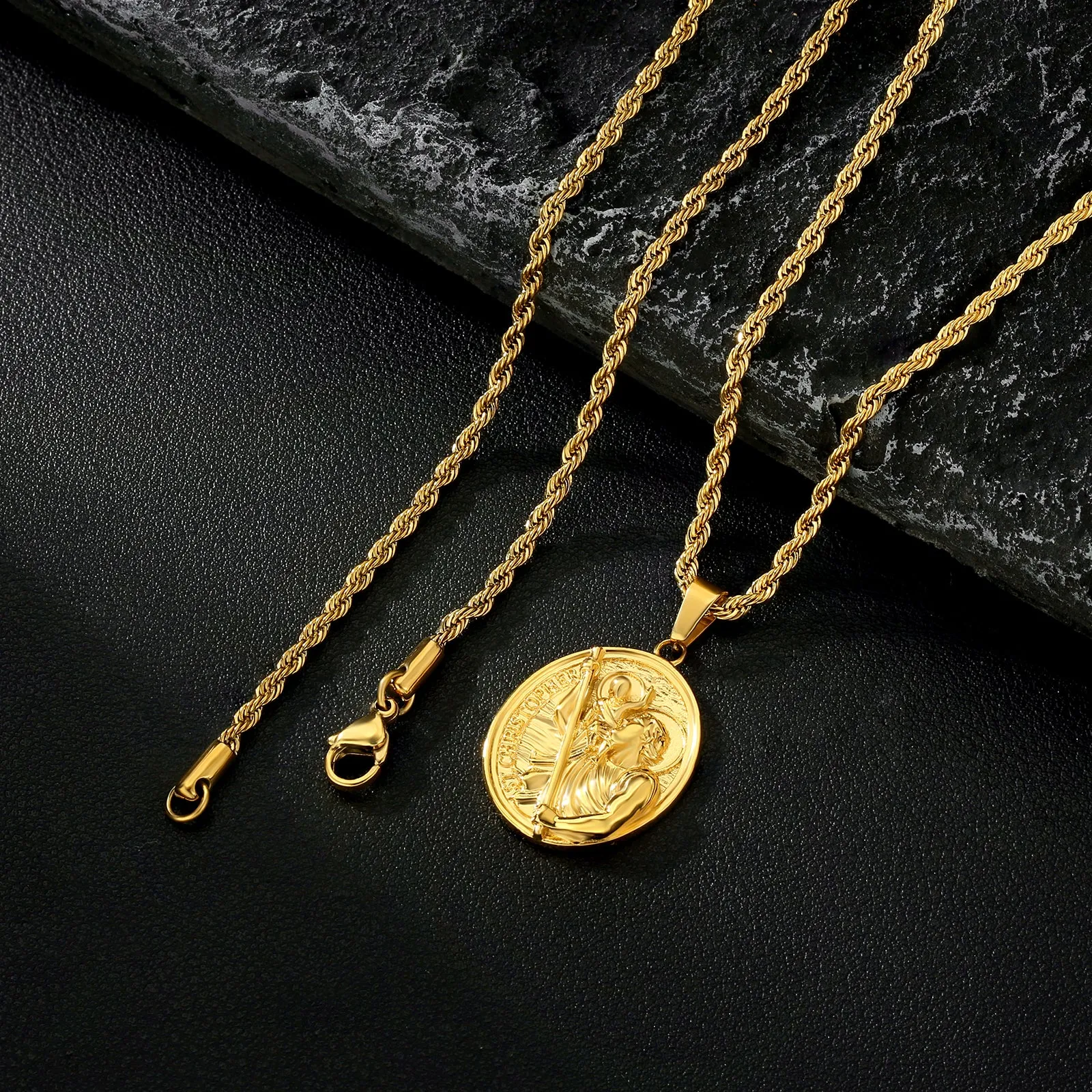 St Christopher Oval Gold Coin Pendant Necklace with Rope Chain for Men