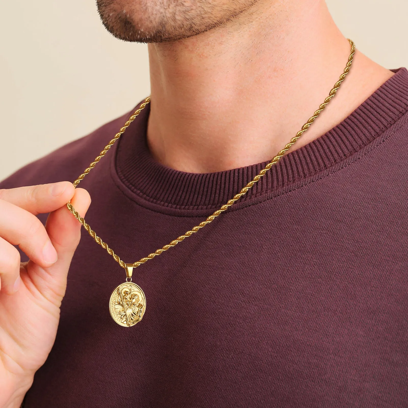 St Christopher Oval Gold Coin Pendant Necklace with Rope Chain for Men