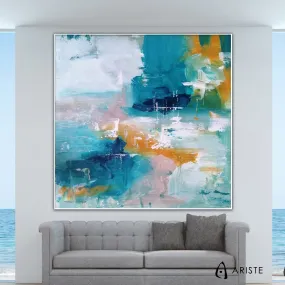 Teal, blue & orange large abstract painting made to order in a custom size