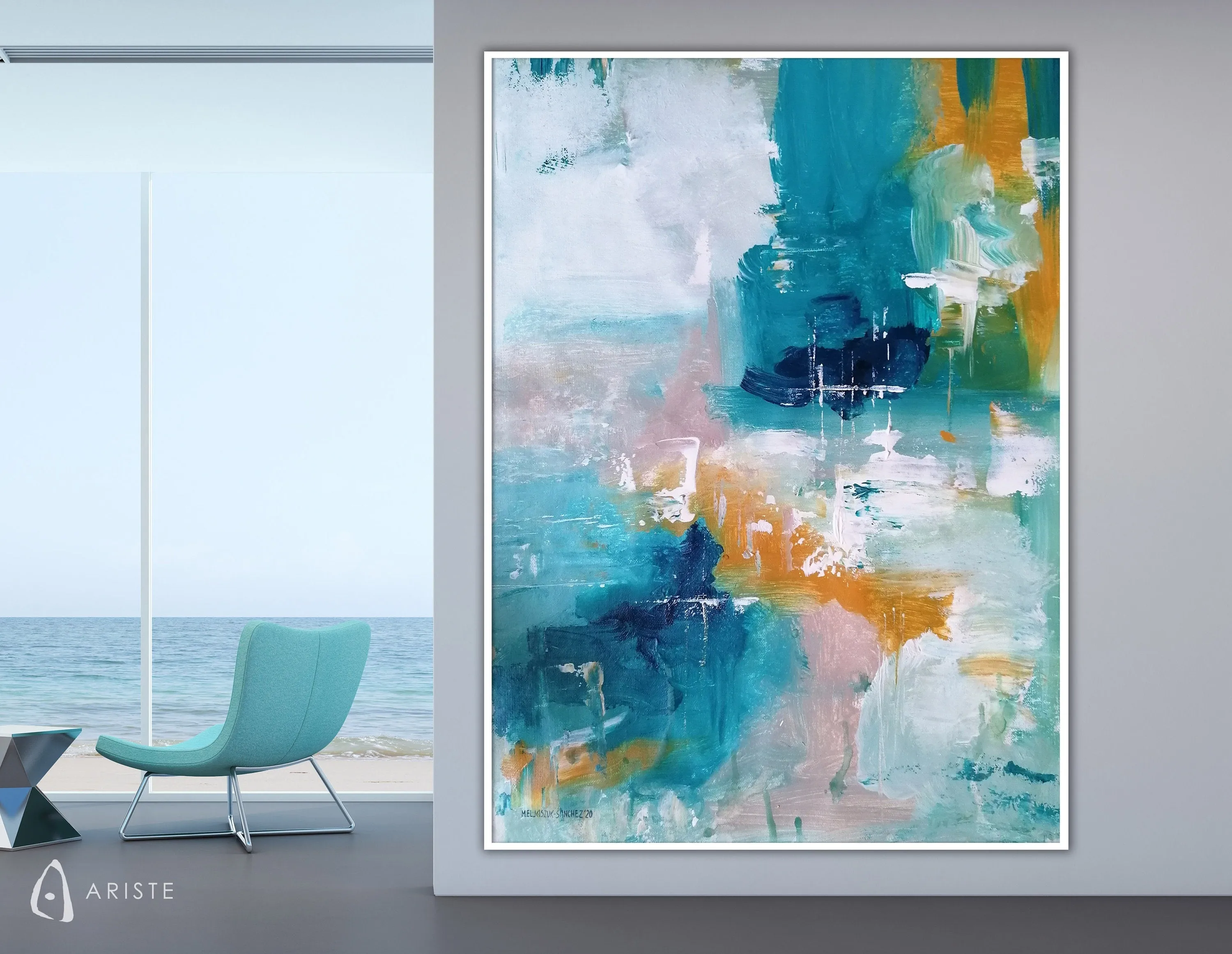 Teal, blue & orange large abstract painting made to order in a custom size